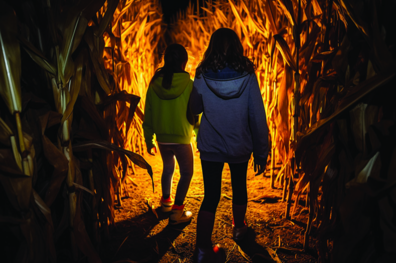 Deux enfants entrent dans un labyrinthe de maïs.