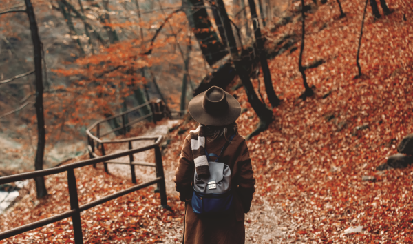Femme marchant dans la forêt en automne