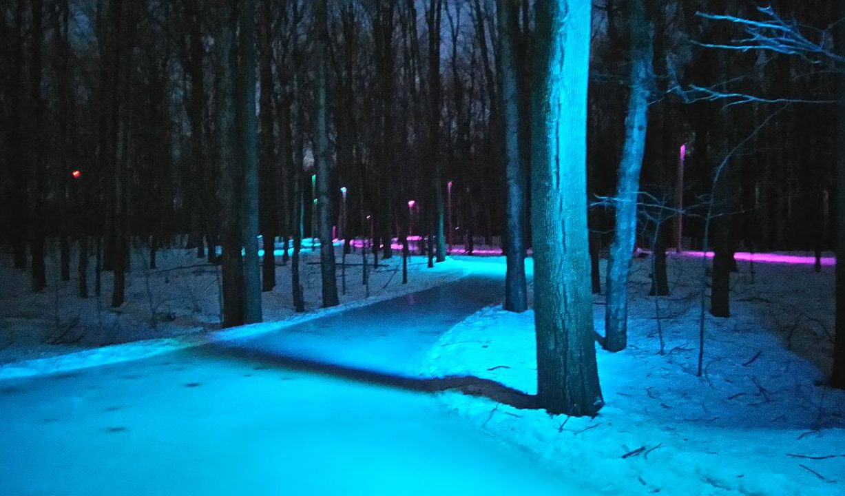 Patinoire illuminée de bleu et de mauve