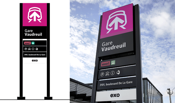 Nouveau panneau de la gare Vaudreuil en illustration et en photo