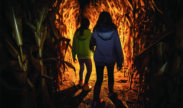 Deux enfants dans un labyrinthe de maïs la nuit.
