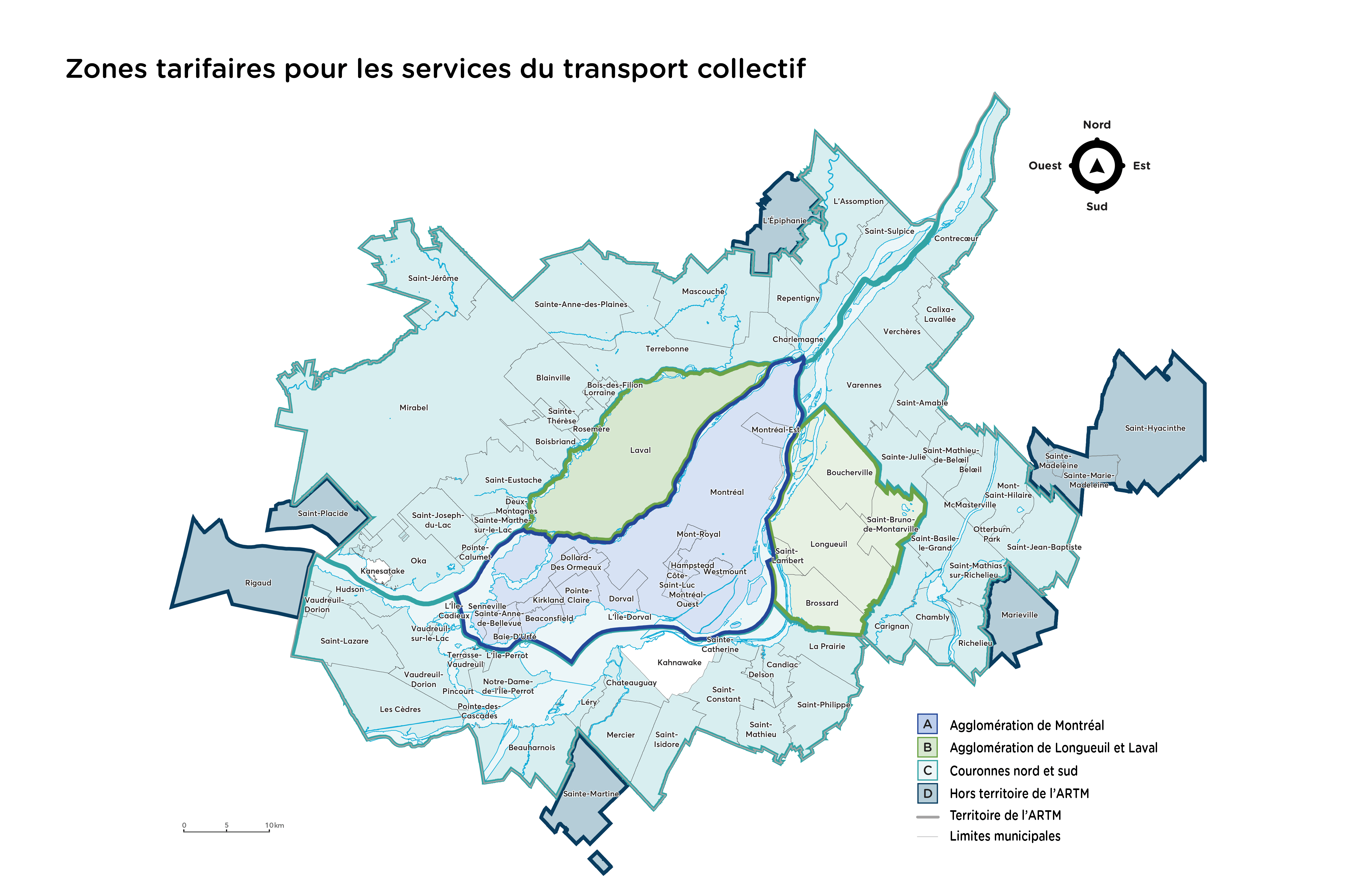 Carte des zones du réseau de transport régulier d'exo